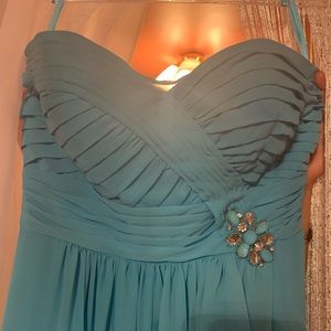 Light blue flowy strapless dress